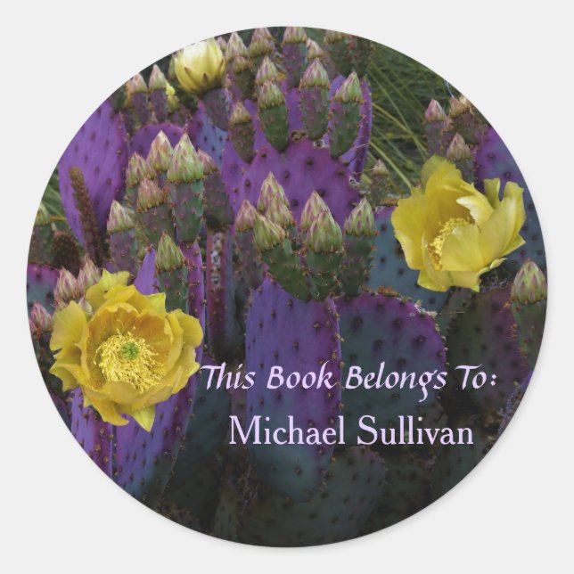 Sticker Rond Purple Prickly Pear Opuntia Cactus Fleurs Jaunes (Devant)
