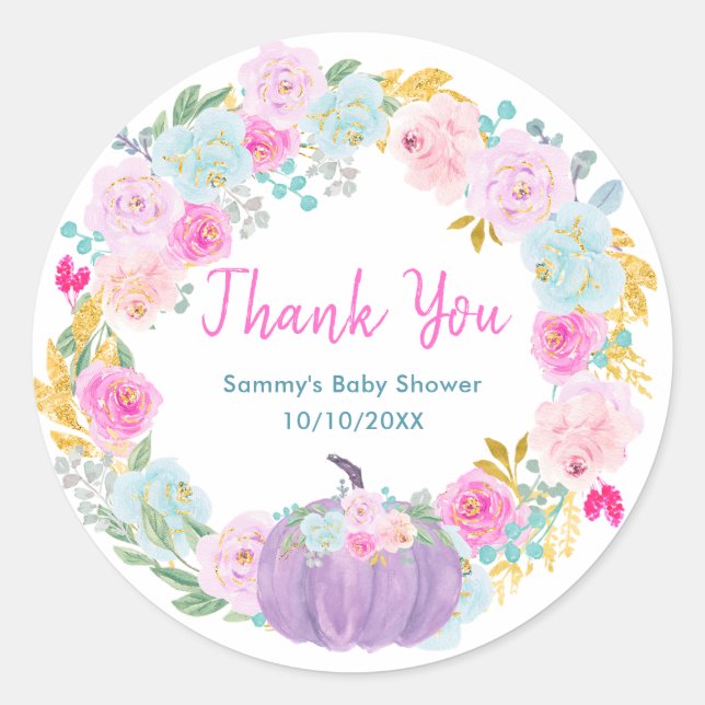 Sticker Rond Purple Pumpkin Floral Wreath Baby Shower Thank You (Devant)