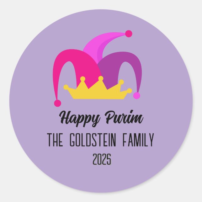 Sticker Rond Purple Purim Clown Casquette Nom de famille (Devant)