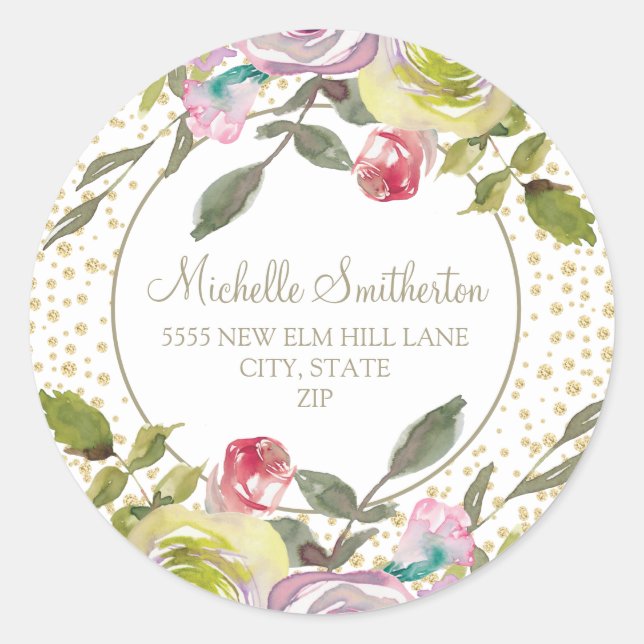 Sticker Rond Purple rose Floral Gold Parties scintillant Adress (Devant)