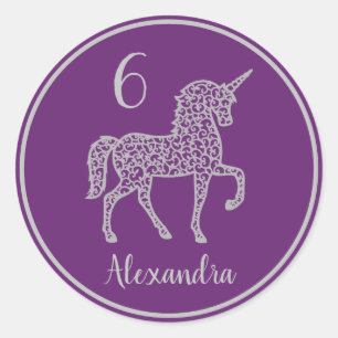 Sticker Rond Purple Silver Unicorne fête d'anniversaire Nom pro