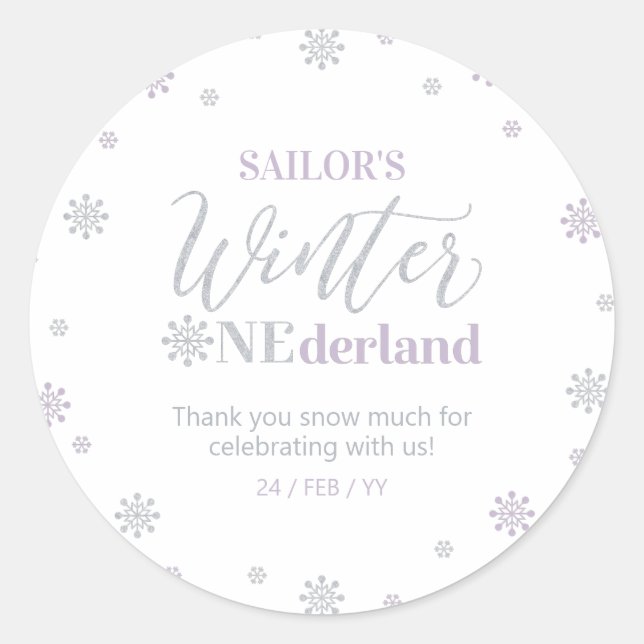 Sticker Rond Purple & Silver Winter onederland Merci Favoriser (Devant)