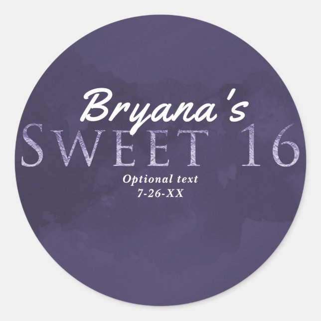 Sticker Rond Purple SWEET 16 Chic Elegant Anniversaire Fête Fav (Devant)