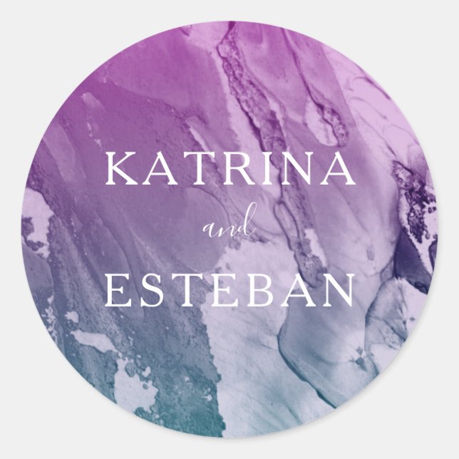 Sticker Rond Purple Turquoise Peinture Texture Mariage Faveur (Devant)
