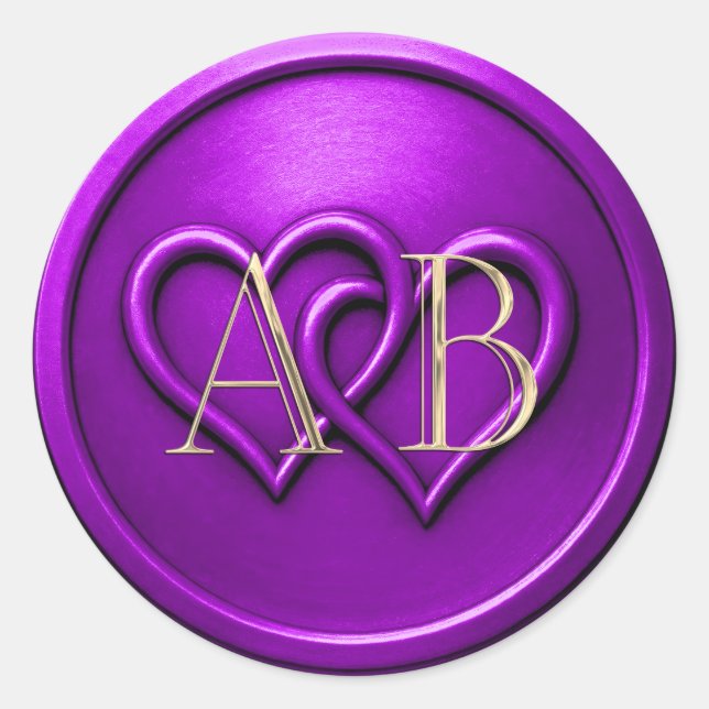 Sticker Rond Purple Two Hearts Intertwined Monogram Wedding (Devant)