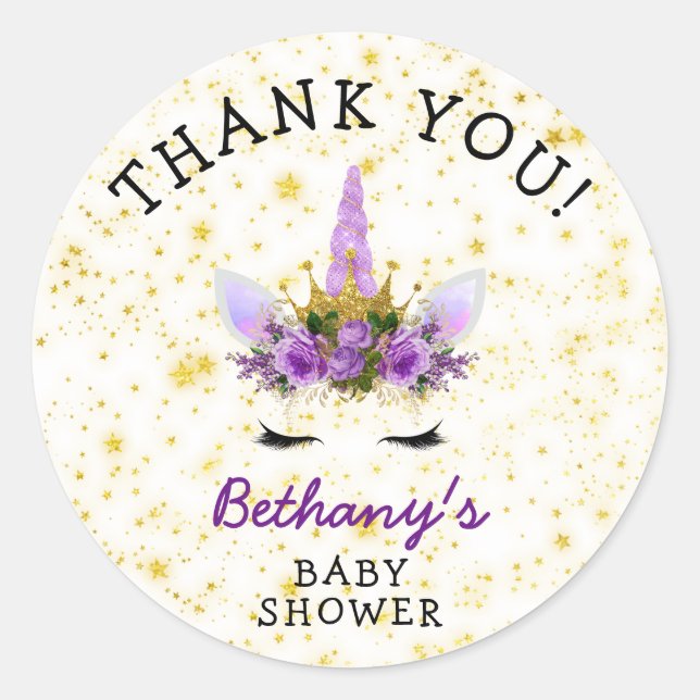 Sticker Rond Purple Unicorn Baby shower faveur (Devant)