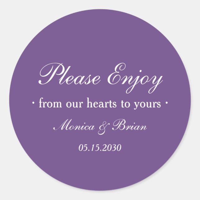 Sticker Rond Purple Wedding Please Enjoy Favor (Devant)