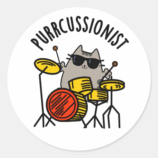 Sticker Rond Purr-cussionniste Funny Drummer Cat Pun (Devant)