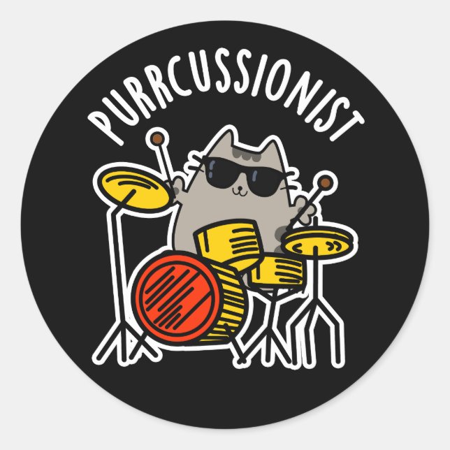 Sticker Rond Purr-cussionniste Funny Drummer Cat Pun Dark BG (Devant)