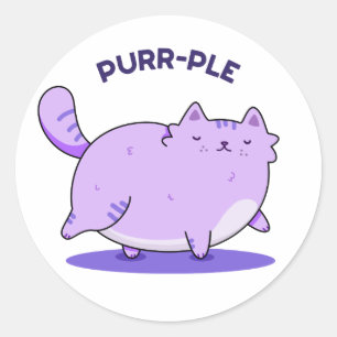 Sticker Rond Purr-ple Funny Fat Kitty Chat Pun
