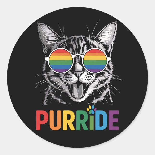 Sticker Rond Purride Cat Gay Lesbian Rainbow LGBTQ Ally Pride (Devant)