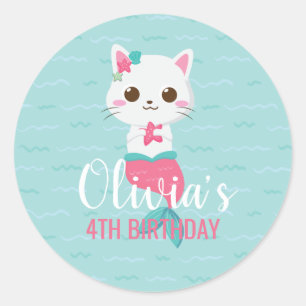 Sticker Rond Purrmaid Mermaid Kitty fête d'anniversaire