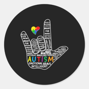 Sticker Rond Puzzle Coeur ASL Love Signer Langue main Autisme A