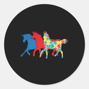 Sticker Rond Puzzle Licornes Bleu Rouge Sensibilisation Autisme