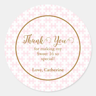 Sticker Rond Puzzle rose et blanc or À damiers doux 16