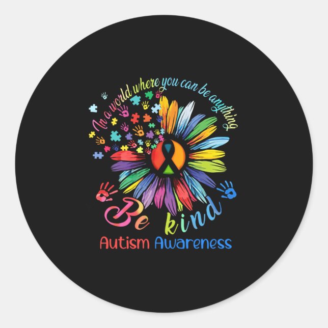 Sticker Rond Puzzle Sunflower Be Kind Autism Awareness Support (Devant)