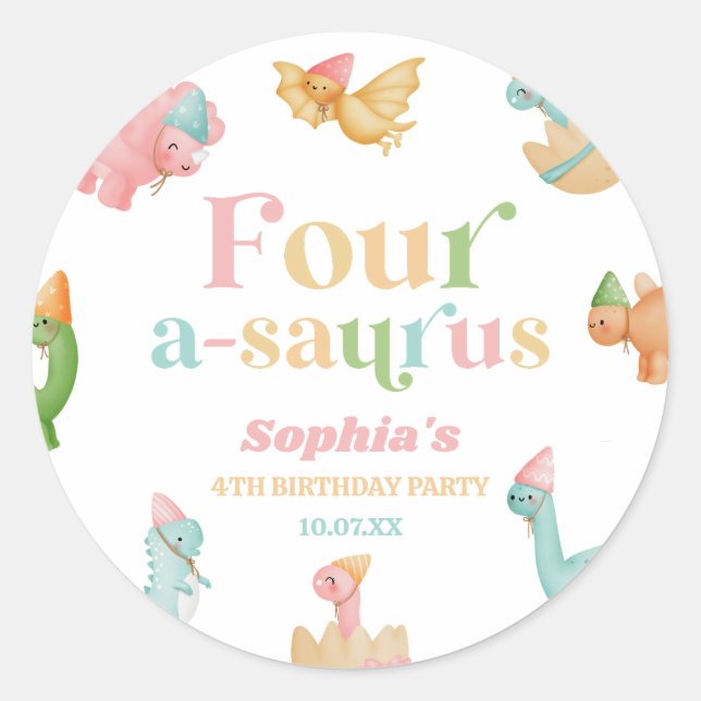 Sticker Rond Quatre A-Saurus Dinosaur 4e fête d'anniversaire (Devant)
