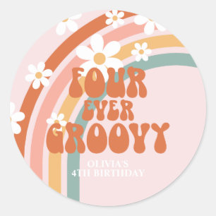Sticker Rond Quatre ans pour toujours Groovy Retro arc-en-ciel 