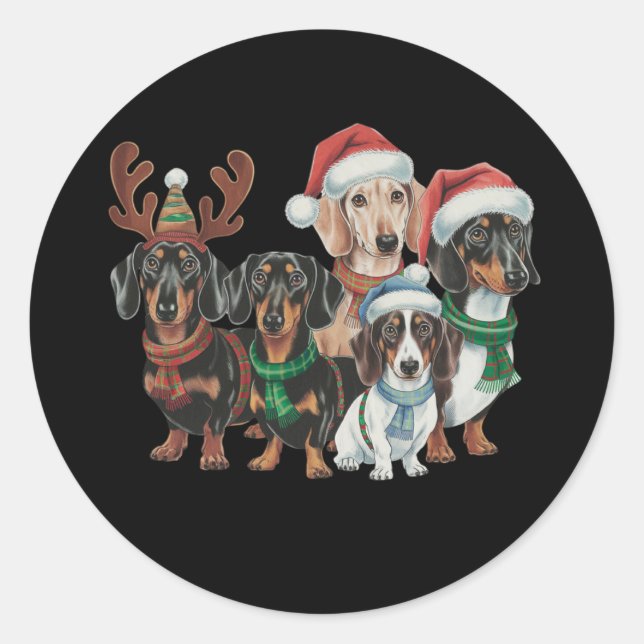Sticker Rond Quatre Chiens De Dachshund Habillés D'Attitude Fes (Devant)