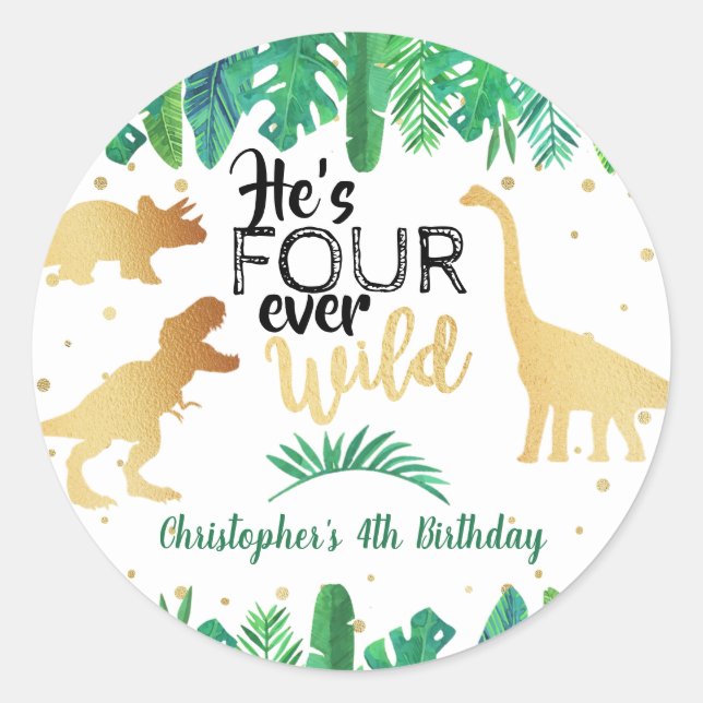 Sticker Rond Quatre Dinosaures Sauvages Boys 4e anniversaire (Devant)