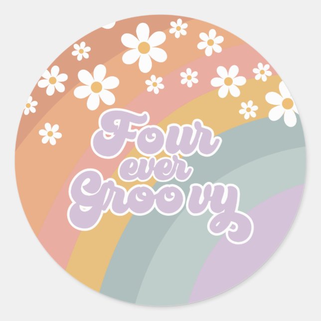 Sticker Rond Quatre Ever Groovy Retro Arc-en-ciel (Devant)
