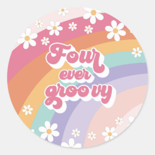 Sticker Rond Quatre fois groovy rétro arc-en-ciel 4e anniversai