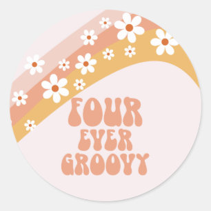 Sticker Rond Quatre fois groovy Retro Daisy Rainbow 4ème annive