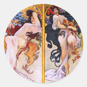 Sticker Rond Quatre saisons par art déco Nouveau d'Alfons Mucha