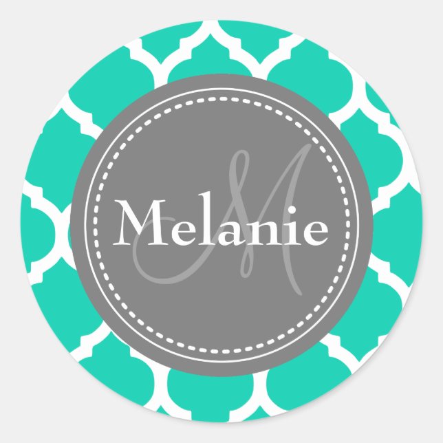 Sticker Rond Quatrefoil bleu et gris monogramme (Devant)