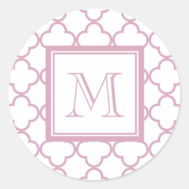 Sticker Rond Quatrefoil rose et blanc | Votre monogramme (Devant)