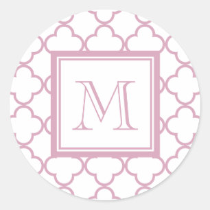 Sticker Rond Quatrefoil rose et blanc   Votre monogramme