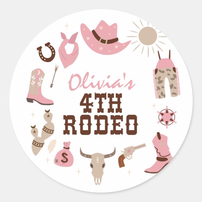 Sticker Rond Quatrième rodéo rose cowboy occidental 4e annivers (Devant)