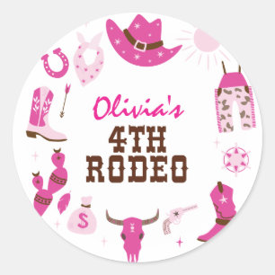 Sticker Rond Quatrième rodéo rose cowboy occidental 4e annivers