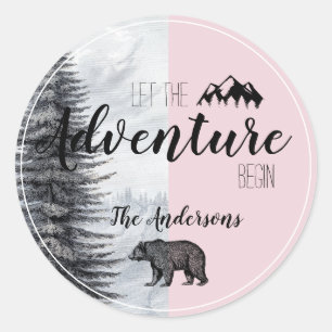Sticker Rond Que l'aventure commence Ourson Rose Fête Prénatale