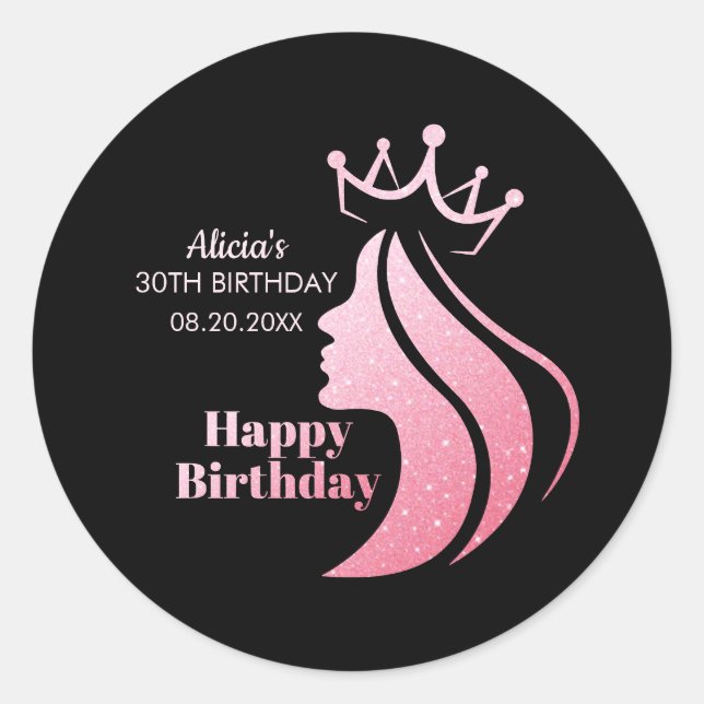 Sticker Rond Queen Crown Parties scintillant rose Noir Joyeux a (Devant)