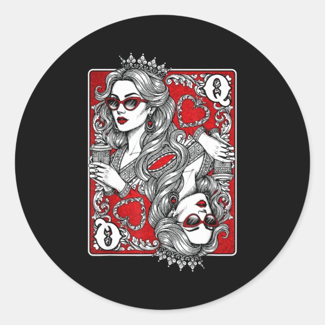 Sticker Rond Queen Of Heart Playing Card Coffee Lover Gambling  (Devant)
