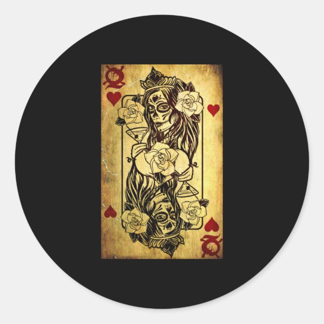 Sticker Rond Queen Of Hearts Card Deck Old (Devant)