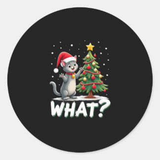 Sticker Rond Quel chat drôle poussant l'arbre de Noël sur le ch