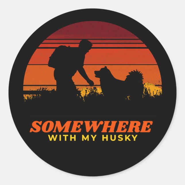 Sticker Rond Quelque part avec mon Husky Sibérien aventurier ho (Devant)