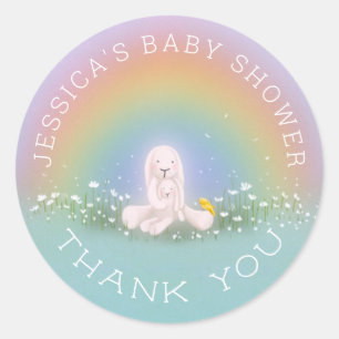 Sticker Rond Quelques Merci de Baby shower en arc-en-ciel Bunny