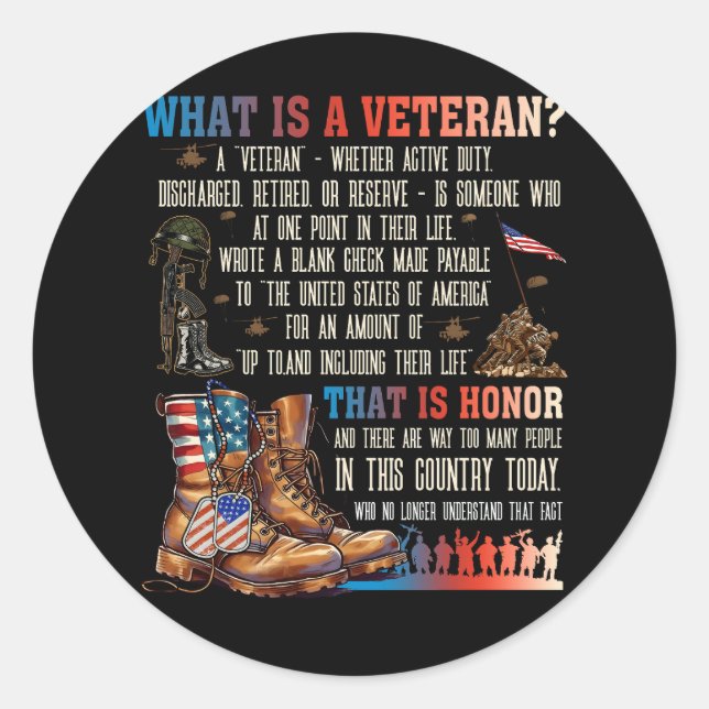 Sticker Rond Qu'Est-Ce Qu'Un Vétéran Qui Est Honnête Patriotiqu (Devant)