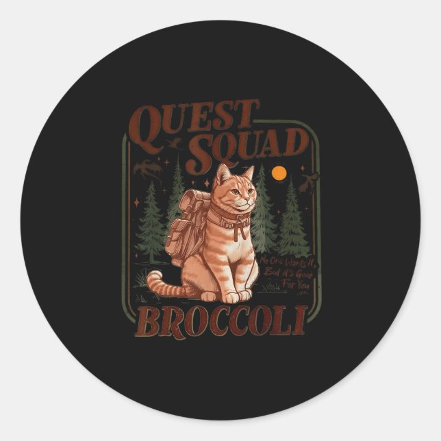 Sticker Rond Quest Fantasy Squad Broccoli Funny Cat  (Devant)