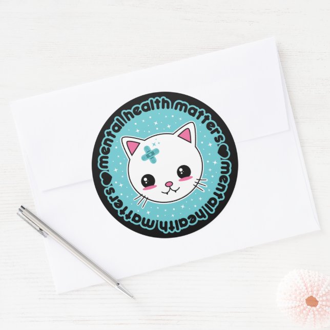 Sticker Rond Questions de santé mentale Kawaii Chat (Enveloppe)