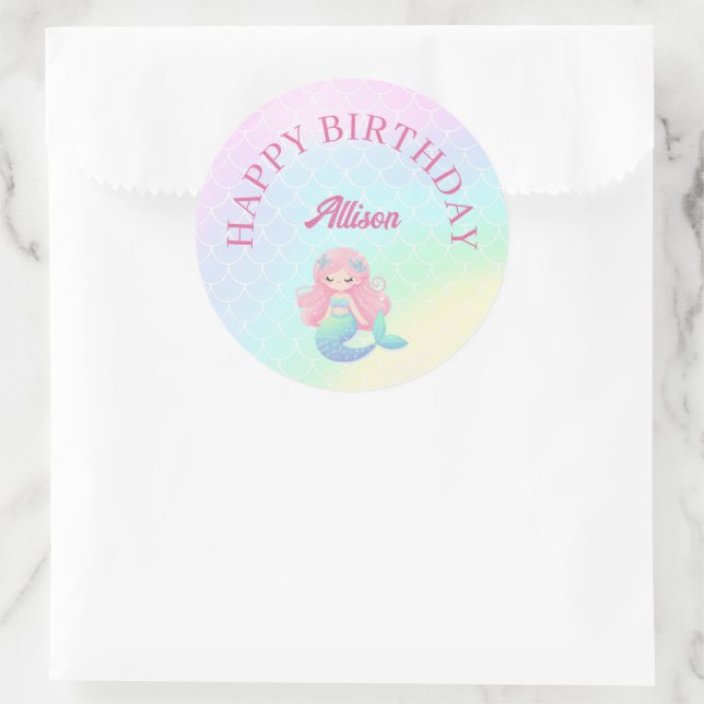 Sticker Rond Queue de sirène sarcelle rose anniversaire fille (Sac)