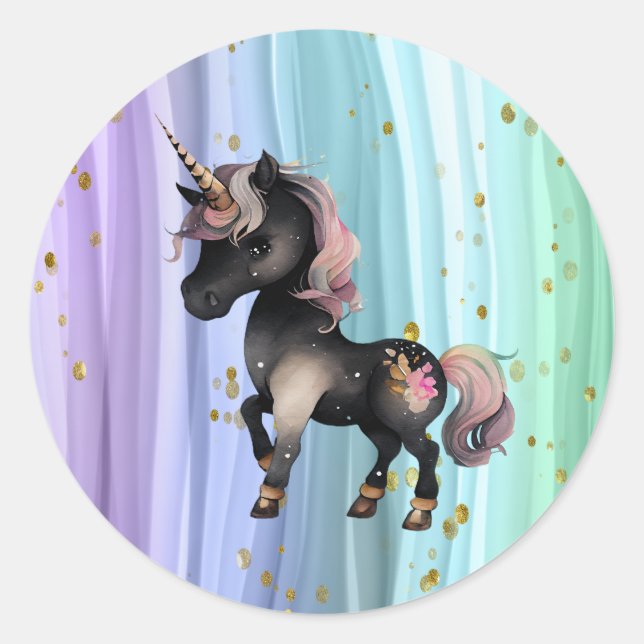 Sticker Rond Queue noire Unicorne violette rose (Devant)