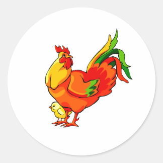 Sticker Rond queue verte coq avec bébé chick.png
