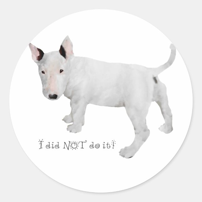 Sticker Rond Qui, moi ?  chiot Bull Terrier (Devant)