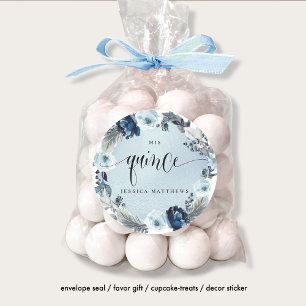 Sticker Rond Quince, Espagnol, Courbe Florale Bleu Léger