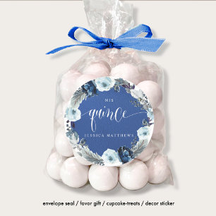 Sticker Rond Quince, espagnol, Royal/Navy Blue Floral Wreath