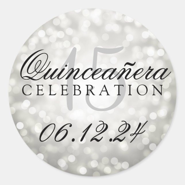 Sticker Rond Quinceanera 15e anniversaire Silver Bokeh lumières (Devant)